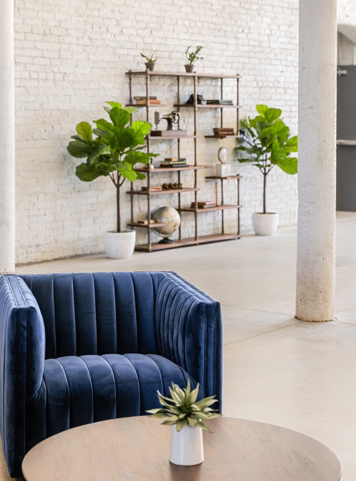 A blue channel-tufted velvet chair and a round table in front of an iron shelving unit with books and fiddle-leaf figs against a white brick wall